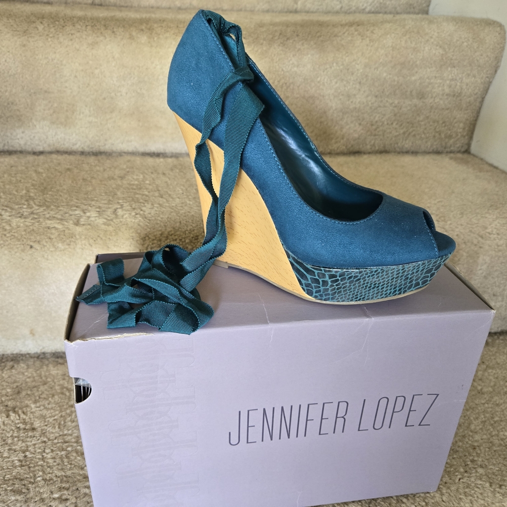 Jennifer Lopez Blue Wedge Shoes with Bow Detail
